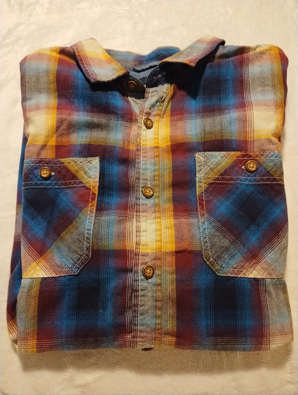 American Eagle Outfitters Plaid Button-Down Shirt — Blue, Yellow, Brown